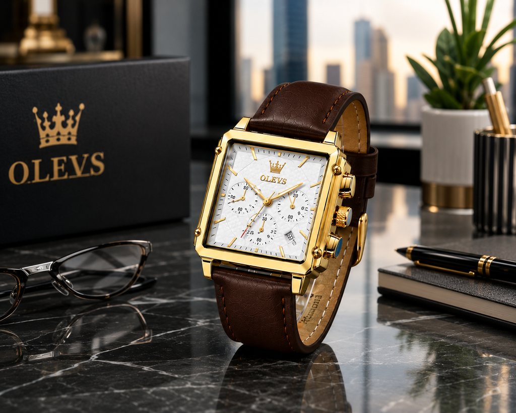 WA-11 – OLEVS Men's Square Gold Quartz Watch – Brown Leather Strap – Waterproof – Luminous – Analog Dress Watch