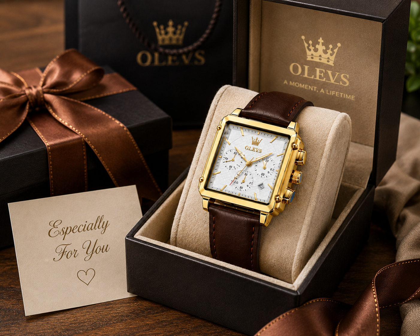 WA-11 – OLEVS Men's Square Gold Quartz Watch – Brown Leather Strap – Waterproof – Luminous – Analog Dress Watch