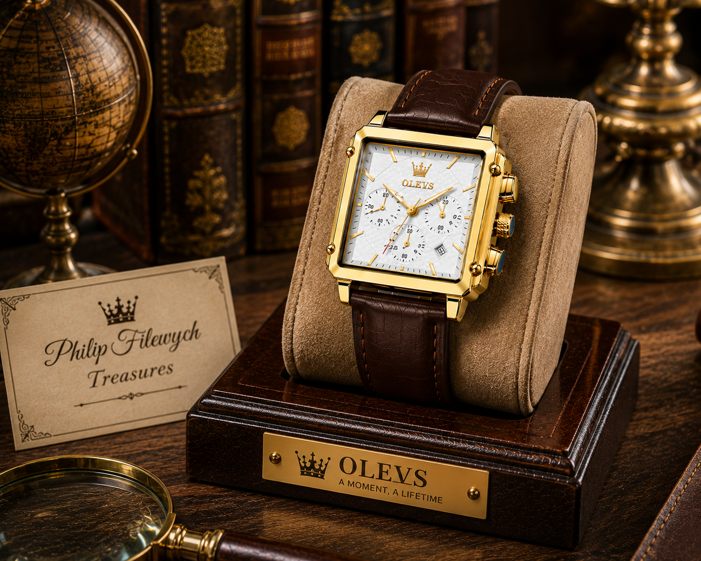 WA-11 – OLEVS Men's Square Gold Quartz Watch – Brown Leather Strap – Waterproof – Luminous – Analog Dress Watch