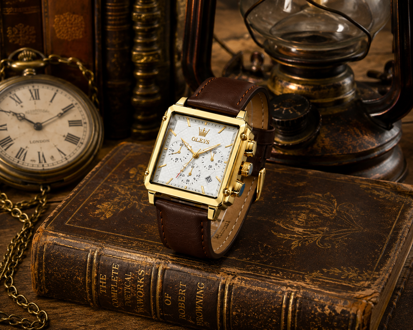 WA-11 – OLEVS Men's Square Gold Quartz Watch – Brown Leather Strap – Waterproof – Luminous – Analog Dress Watch