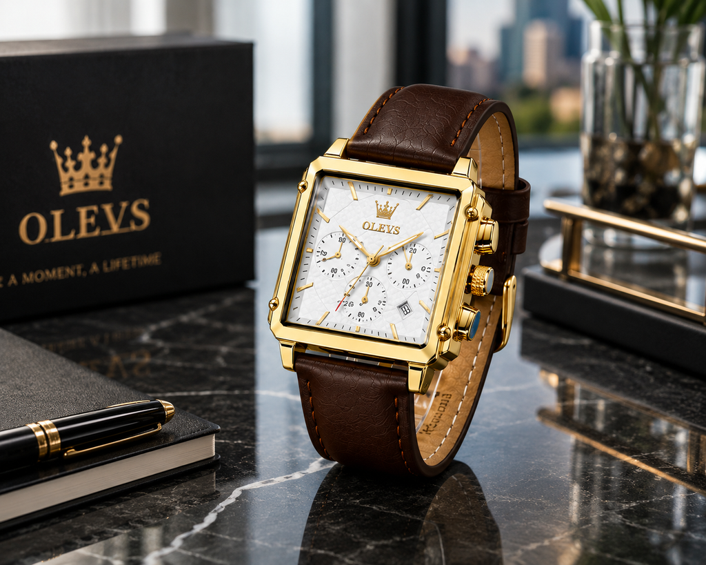 WA-11 – OLEVS Men's Square Gold Quartz Watch – Brown Leather Strap – Waterproof – Luminous – Analog Dress Watch