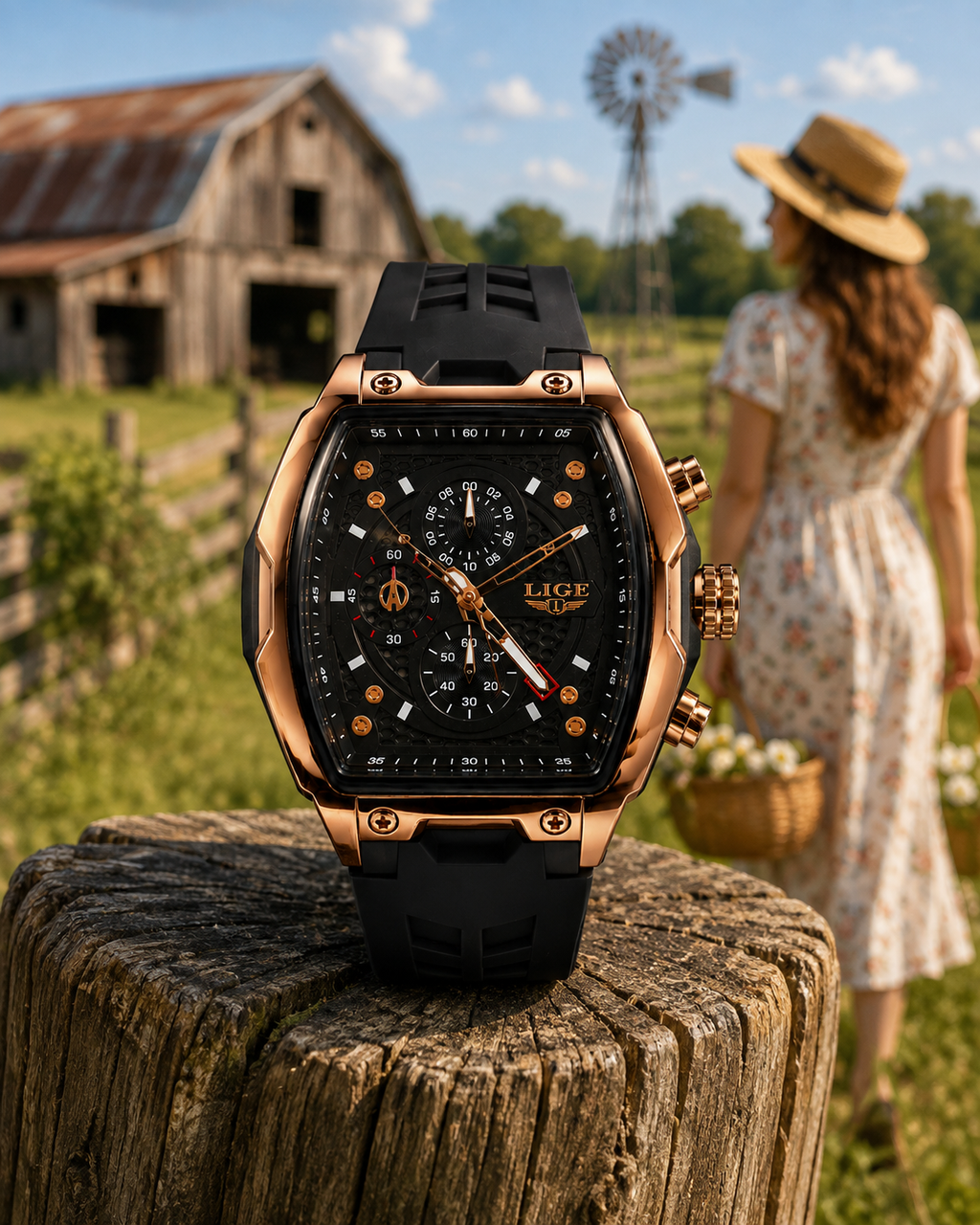 WA-22--LIGE 8908 Men's Rose Gold Black Chronograph Quartz Watch 3Bar Waterproof Silicone