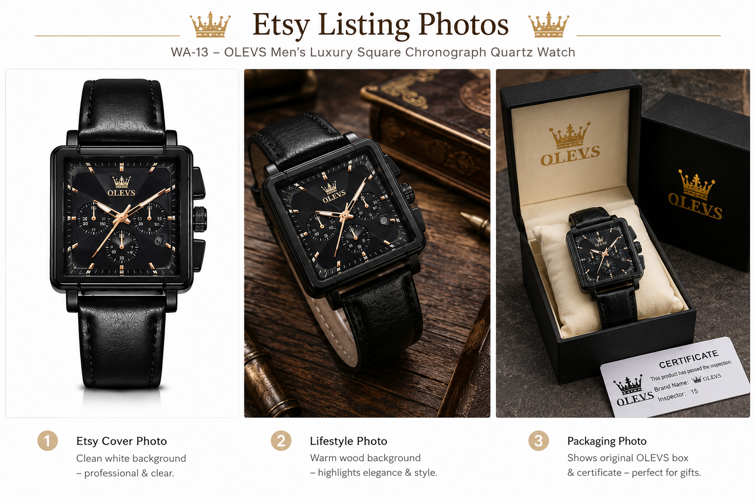 WA-13--OLEVS Men's Luxury Square Chronograph Quartz Watch Model 9925
