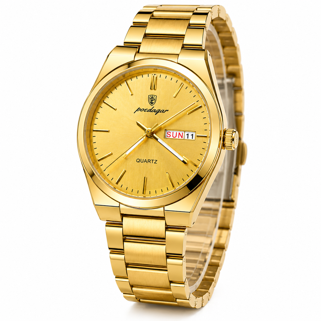 WA-14-- Luxury Men's Gold Stainless Steel Quartz Watch – Day & Date – Waterproof