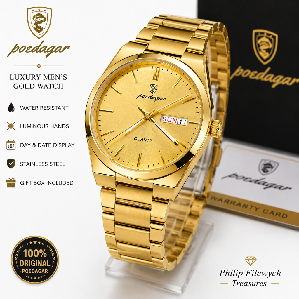 WA-14-- Luxury Men's Gold Stainless Steel Quartz Watch – Day & Date – Waterproof