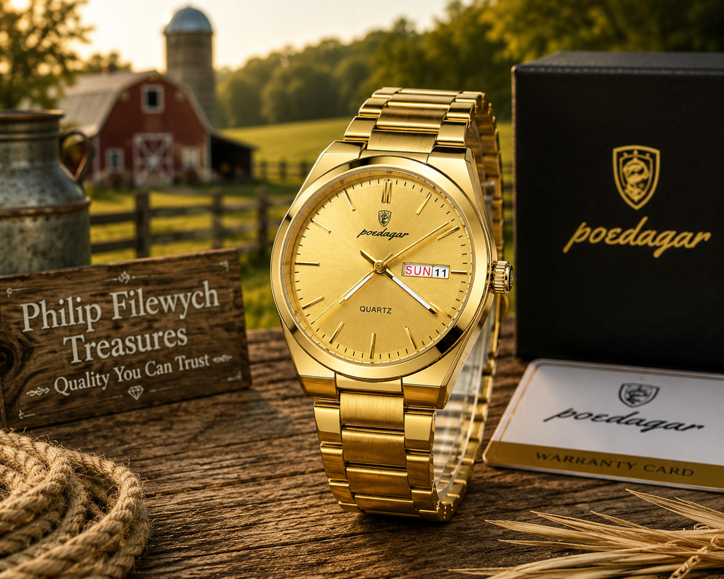 WA-14-- Luxury Men's Gold Stainless Steel Quartz Watch – Day & Date – Waterproof