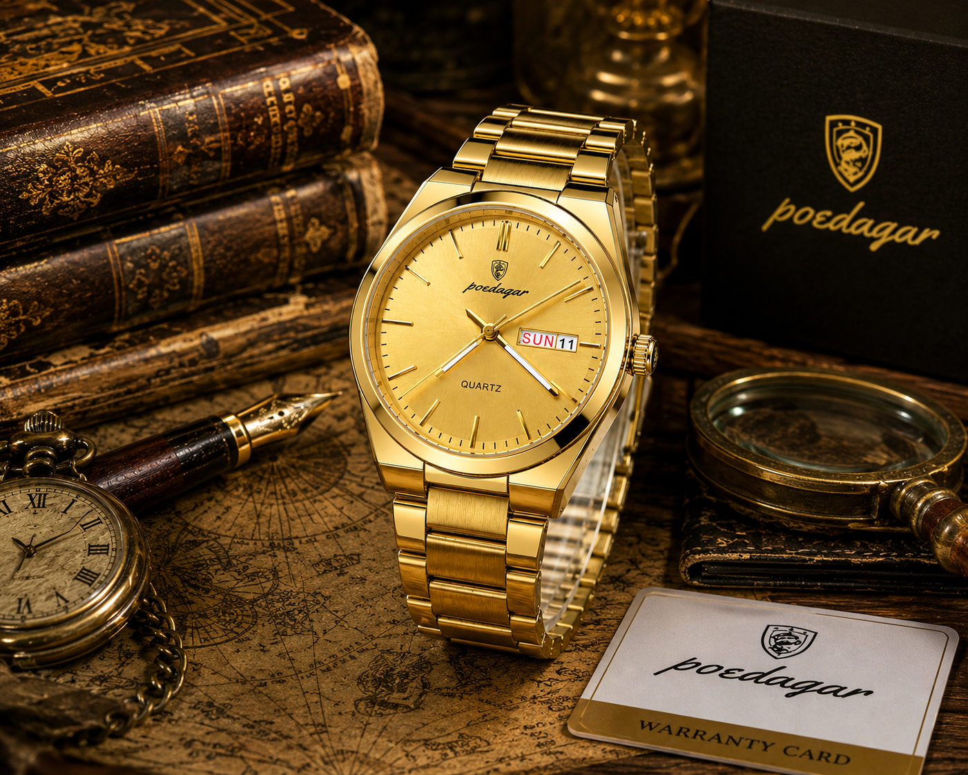 WA-14-- Luxury Men's Gold Stainless Steel Quartz Watch – Day & Date – Waterproof