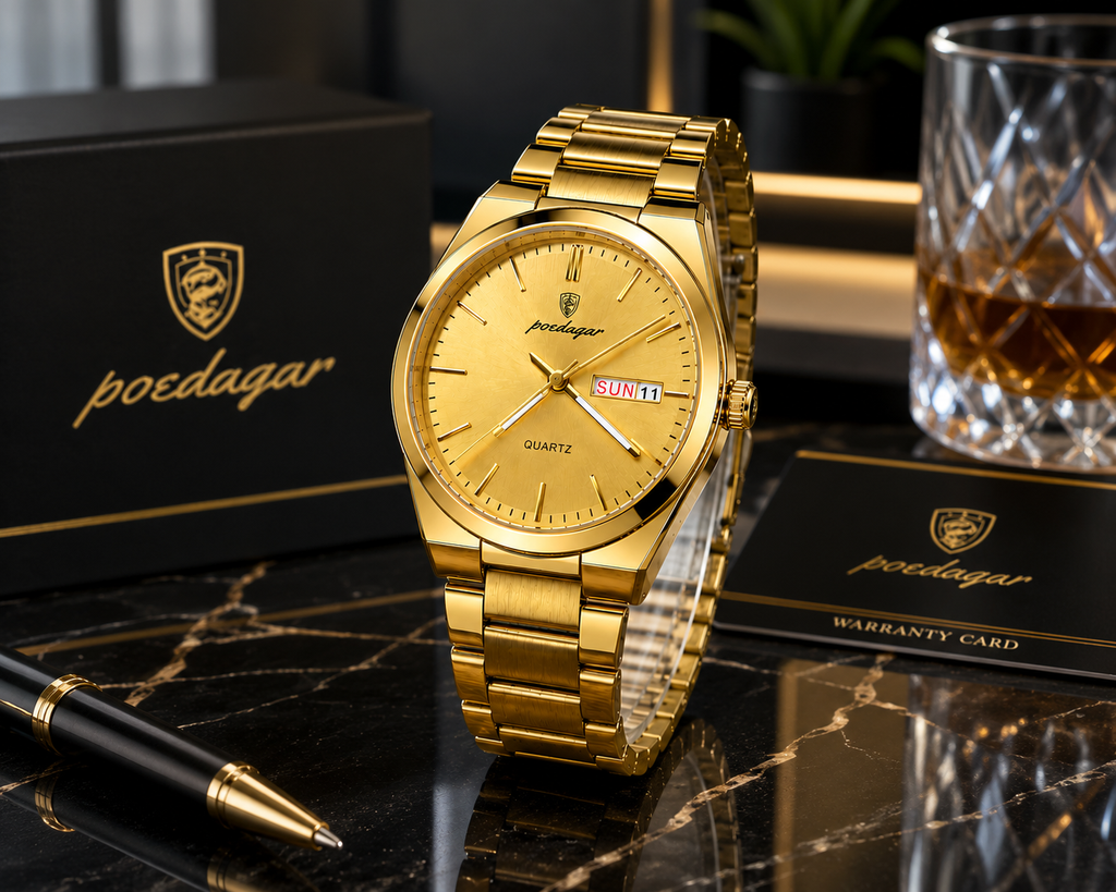 WA-14-- Luxury Men's Gold Stainless Steel Quartz Watch – Day & Date – Waterproof