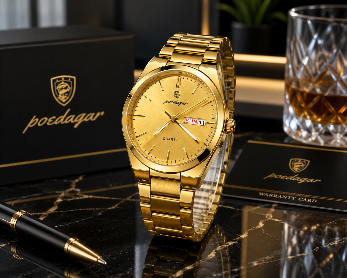 WA-14-- Luxury Men's Gold Stainless Steel Quartz Watch – Day & Date – Waterproof