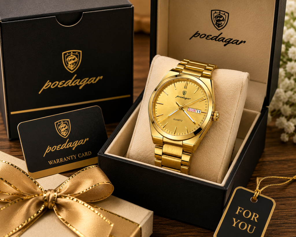 WA-14-- Luxury Men's Gold Stainless Steel Quartz Watch – Day & Date – Waterproof