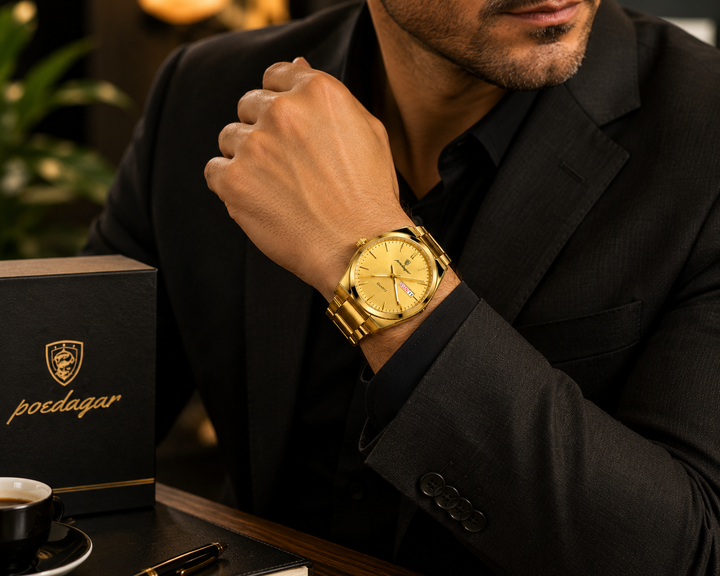 WA-14-- Luxury Men's Gold Stainless Steel Quartz Watch – Day & Date – Waterproof
