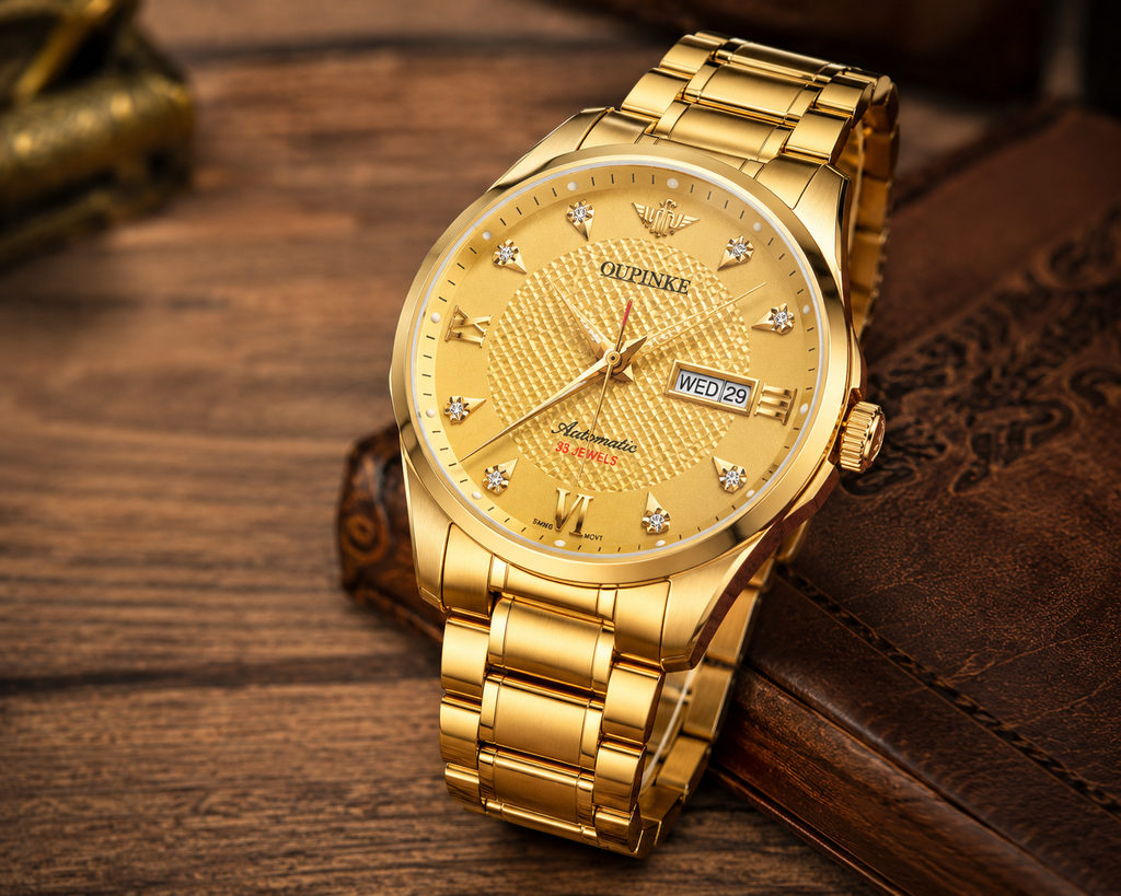 WA-15--OUPINKE 3323 Automatic Mechanical Men's Gold Luxury Watch Sapphire Crystal Skeleton Exhibition 50M