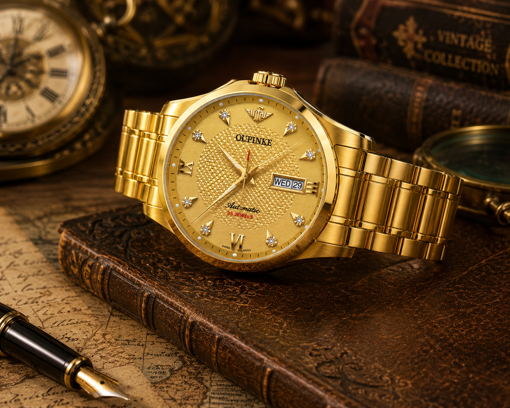 WA-15--OUPINKE 3323 Automatic Mechanical Men's Gold Luxury Watch Sapphire Crystal Skeleton Exhibition 50M