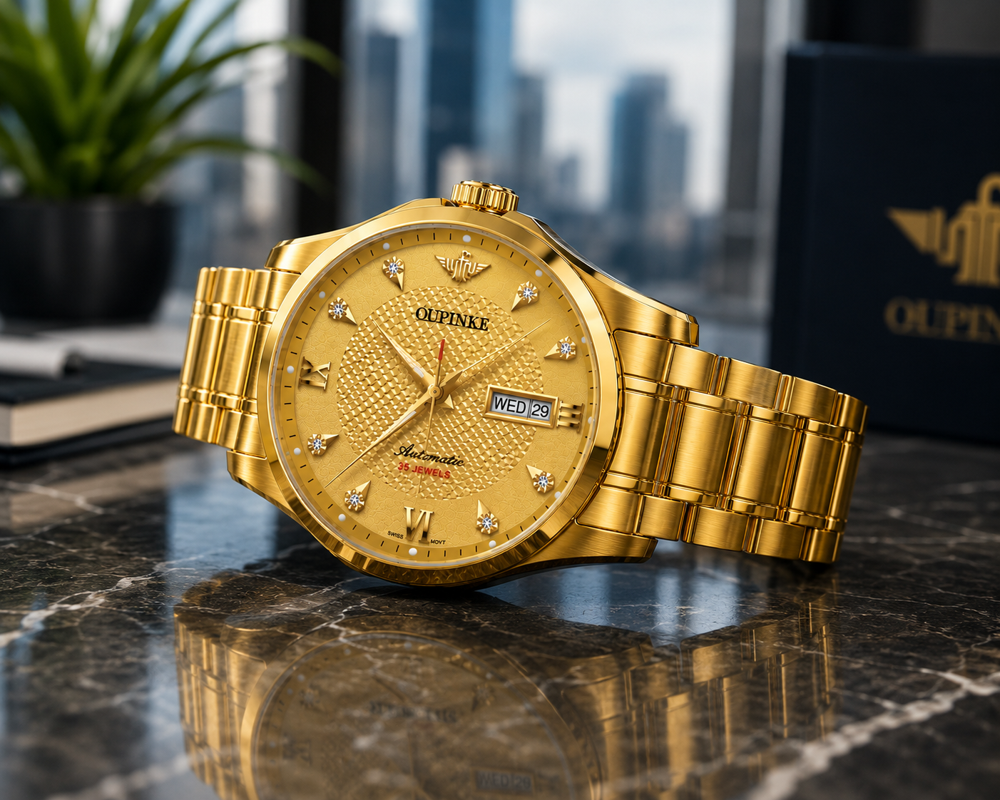 WA-15--OUPINKE 3323 Automatic Mechanical Men's Gold Luxury Watch Sapphire Crystal Skeleton Exhibition 50M