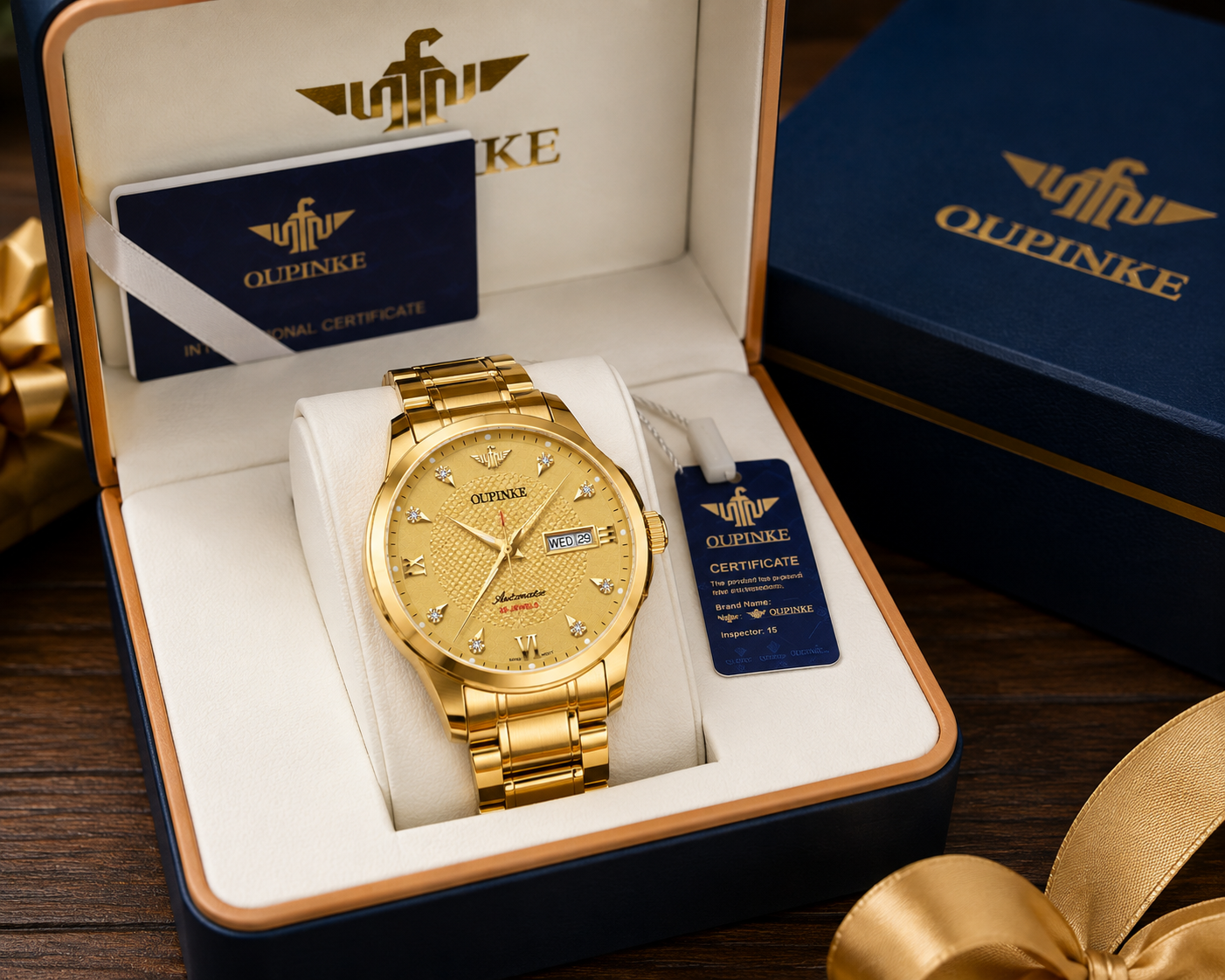 WA-15--OUPINKE 3323 Automatic Mechanical Men's Gold Luxury Watch Sapphire Crystal Skeleton Exhibition 50M