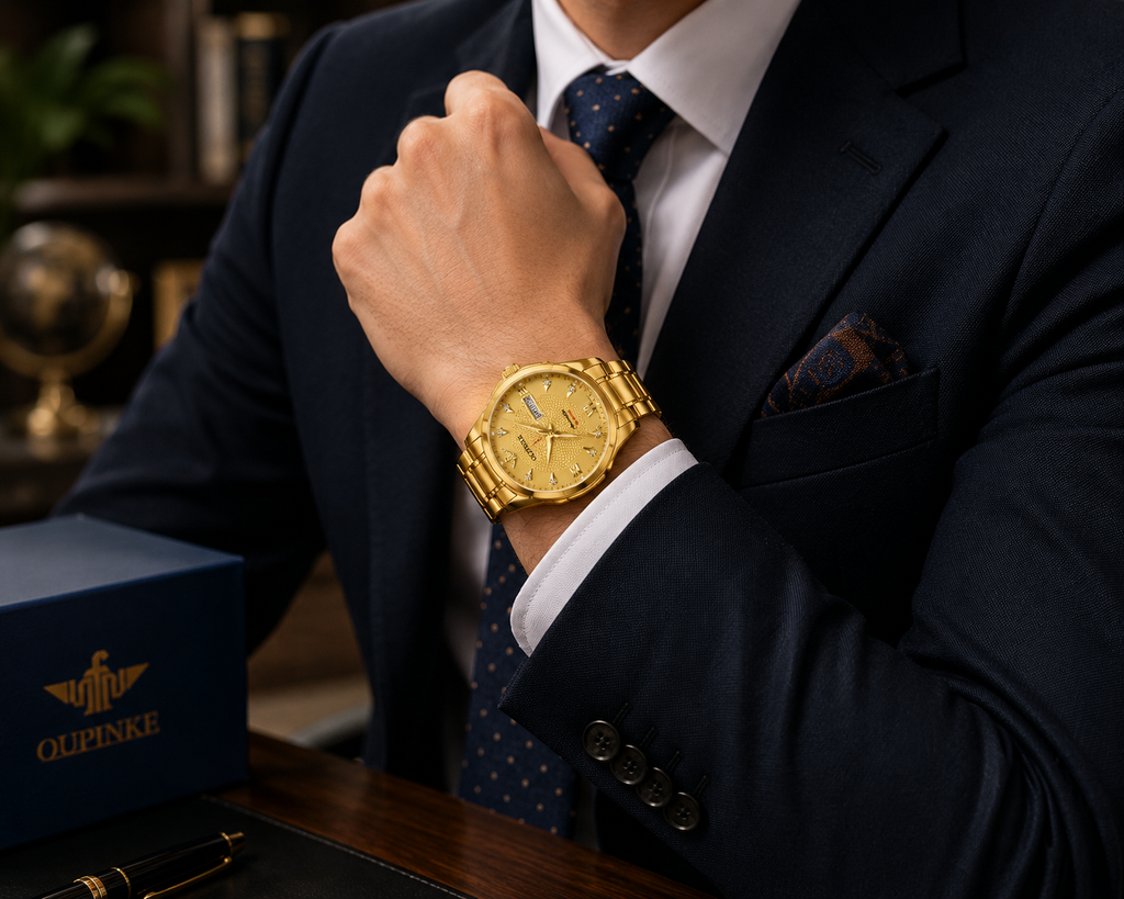 WA-15--OUPINKE 3323 Automatic Mechanical Men's Gold Luxury Watch Sapphire Crystal Skeleton Exhibition 50M