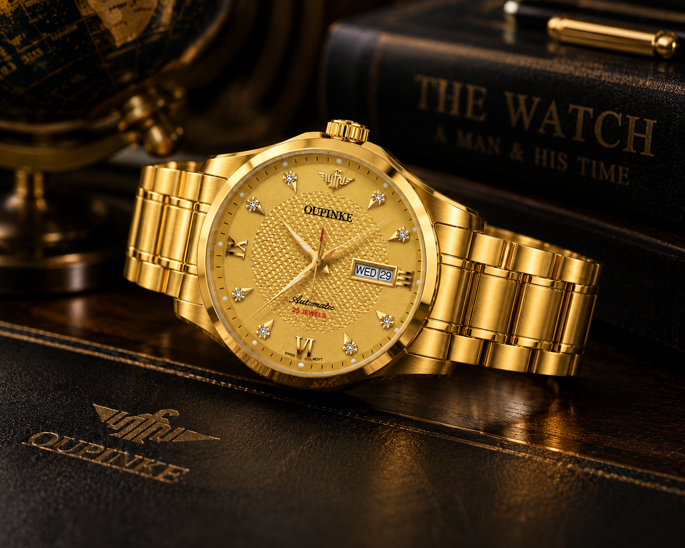 WA-15--OUPINKE 3323 Automatic Mechanical Men's Gold Luxury Watch Sapphire Crystal Skeleton Exhibition 50M