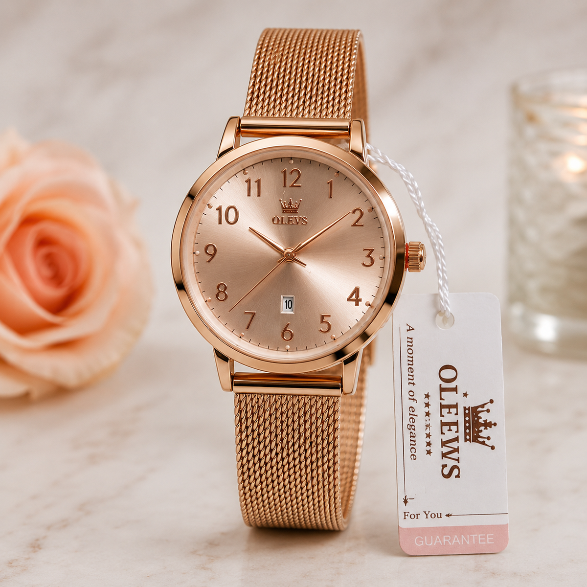 WA-16--OLEVS 5653 Ladies Rose Gold Quartz Watch – Mesh Bracelet – Date – 3 BAR Water Resistant