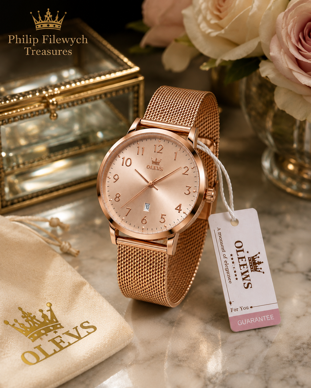 WA-16--OLEVS 5653 Ladies Rose Gold Quartz Watch – Mesh Bracelet – Date – 3 BAR Water Resistant