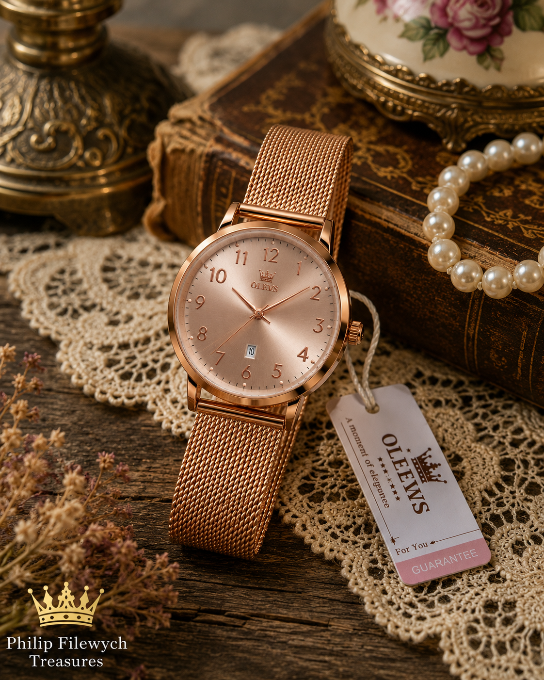 WA-16--OLEVS 5653 Ladies Rose Gold Quartz Watch – Mesh Bracelet – Date – 3 BAR Water Resistant