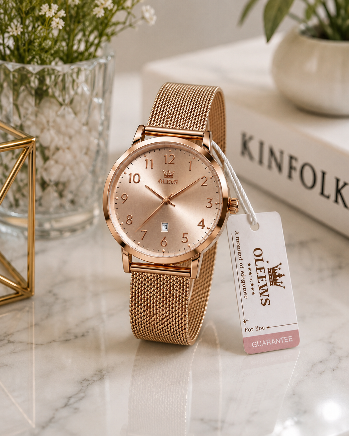 WA-16--OLEVS 5653 Ladies Rose Gold Quartz Watch – Mesh Bracelet – Date – 3 BAR Water Resistant