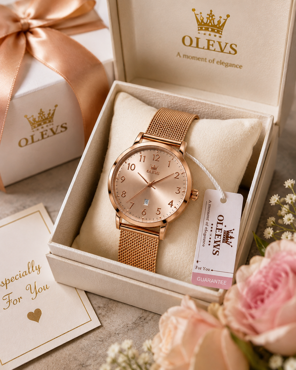 WA-16--OLEVS 5653 Ladies Rose Gold Quartz Watch – Mesh Bracelet – Date – 3 BAR Water Resistant