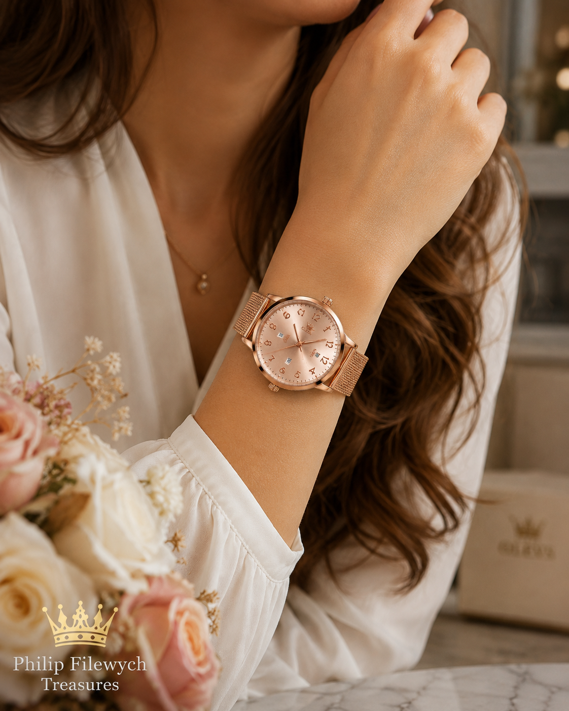 WA-16--OLEVS 5653 Ladies Rose Gold Quartz Watch – Mesh Bracelet – Date – 3 BAR Water Resistant