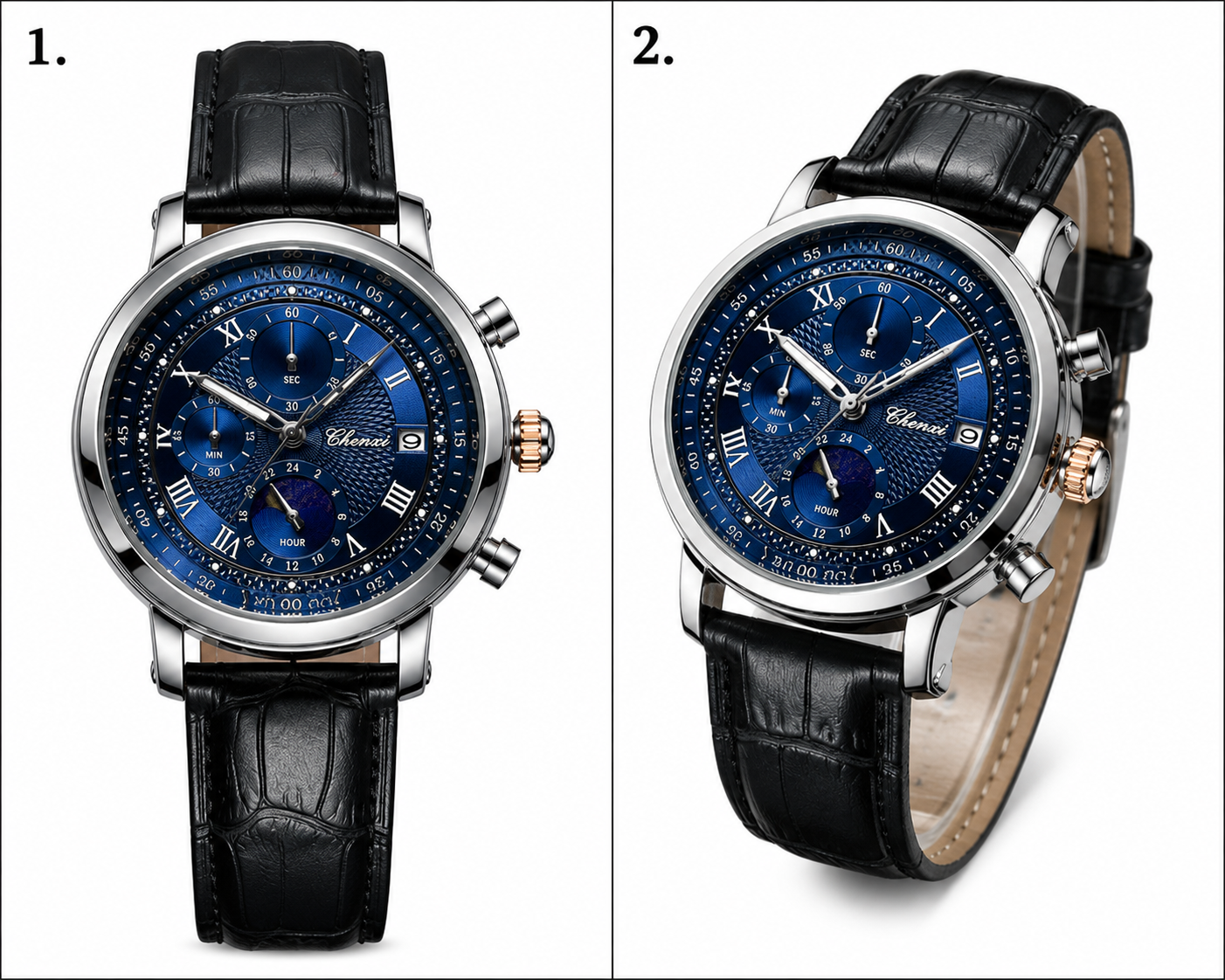 WA-17--Chenxi Men's Moon Phase Quartz Watch | Blue Dial | Brown Leather Strap