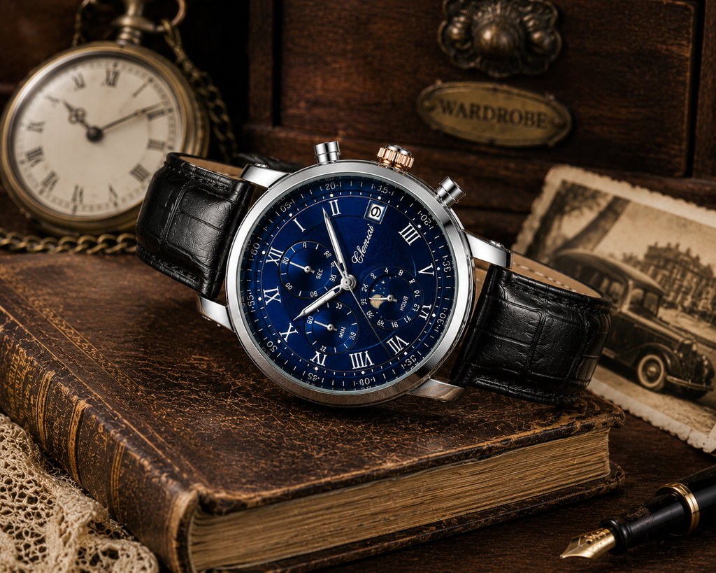 WA-17--Chenxi Men's Moon Phase Quartz Watch Brown Leather Strap Chronograph Date Calendar Roman Numerals Waterproof Luxury Dress Watch WA-17