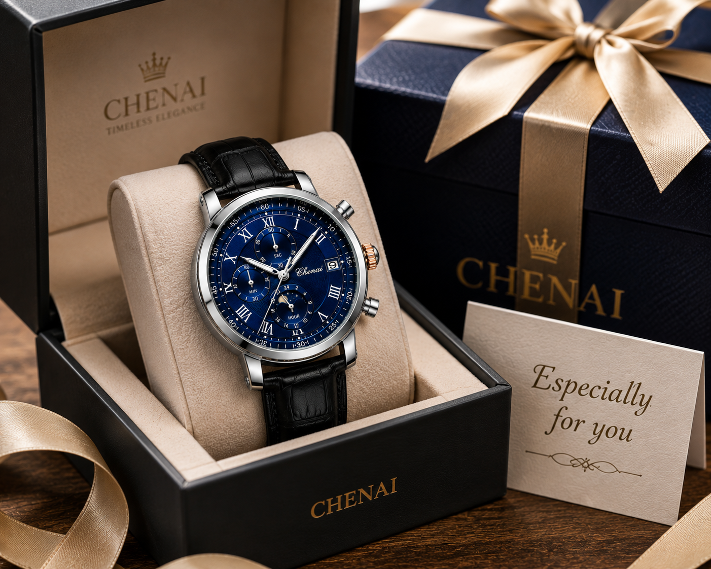 WA-17--Chenxi Men's Moon Phase Quartz Watch Brown Leather Strap Chronograph Date Calendar Roman Numerals Waterproof Luxury Dress Watch WA-17
