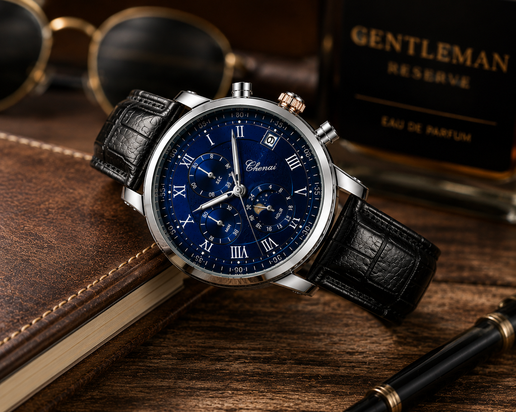 WA-17--Chenxi Men's Moon Phase Quartz Watch Brown Leather Strap Chronograph Date Calendar Roman Numerals Waterproof Luxury Dress Watch WA-17