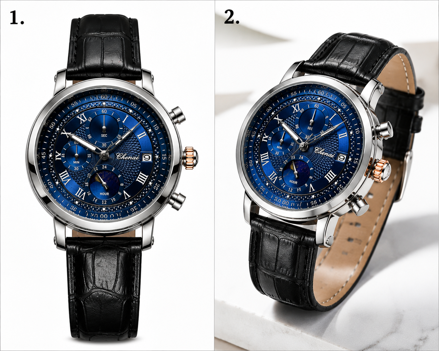 WA-17--Chenxi Men's Moon Phase Quartz Watch | Blue Dial | Brown Leather Strap