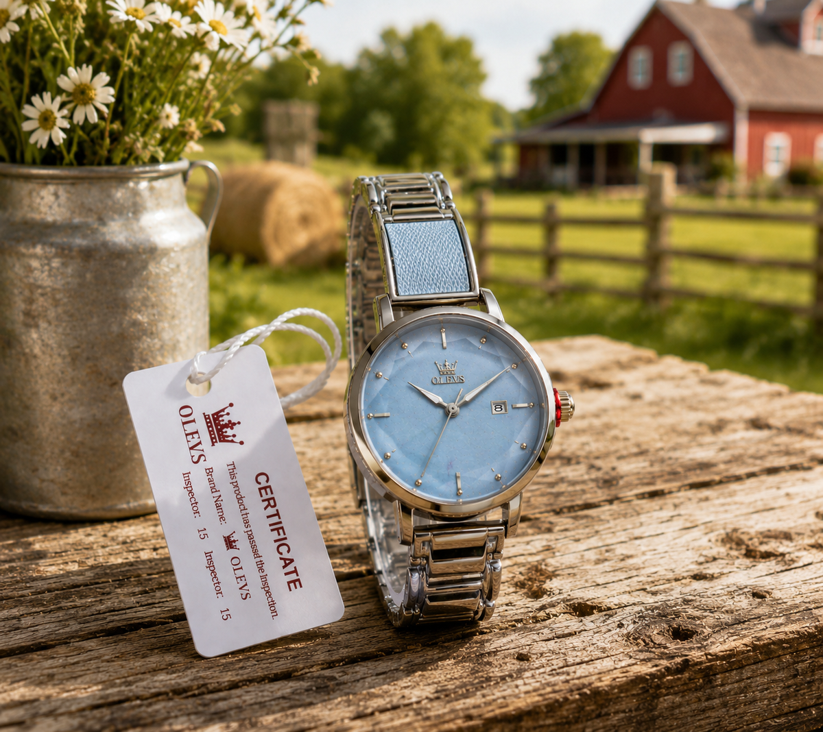 WA-17--OLEVS 5189 Ladies Gold-Tone Quartz Watch 36mm Blue Love Fashion Dial Mesh Bracelet 3ATM