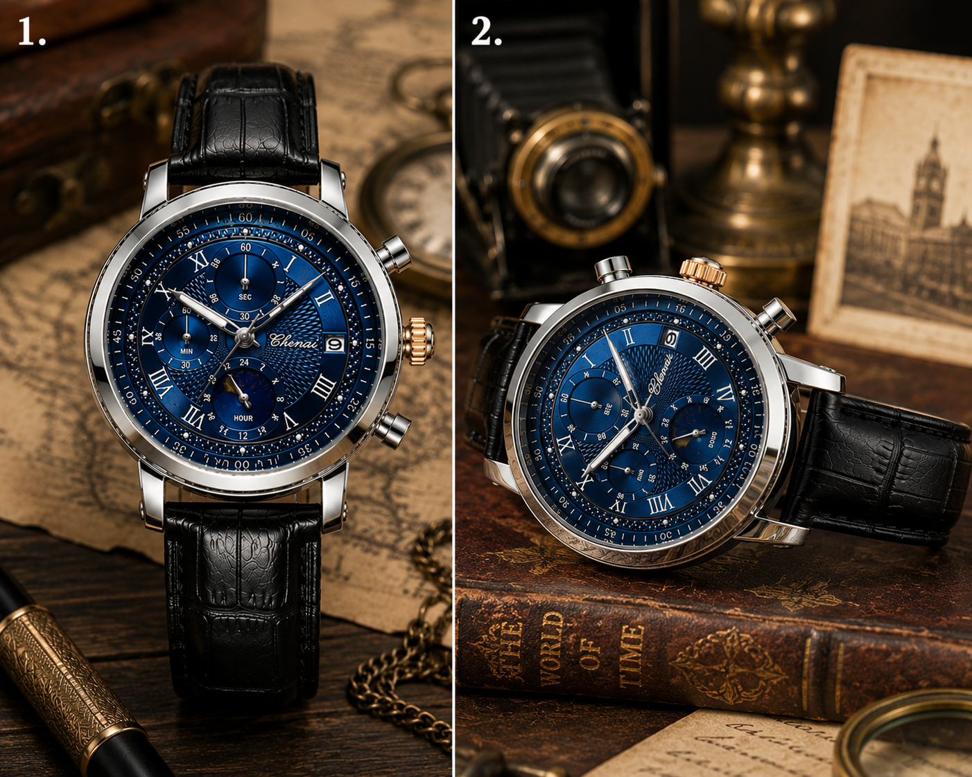 WA-17--Chenxi Men's Moon Phase Quartz Watch | Blue Dial | Brown Leather Strap