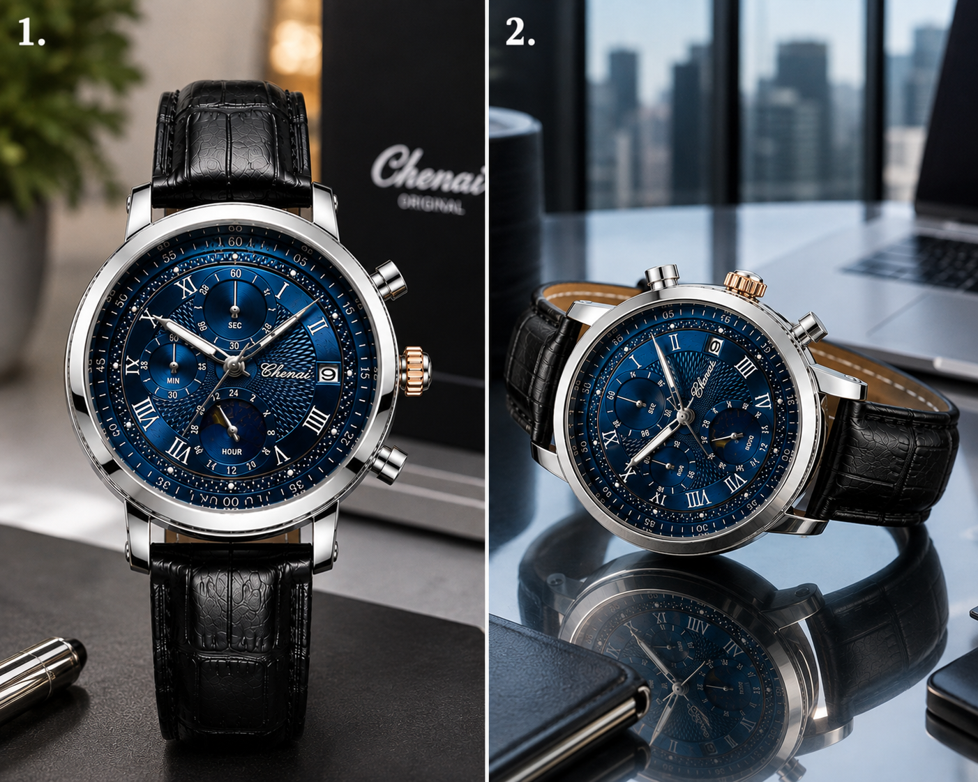 WA-17--Chenxi Men's Moon Phase Quartz Watch | Blue Dial | Brown Leather Strap
