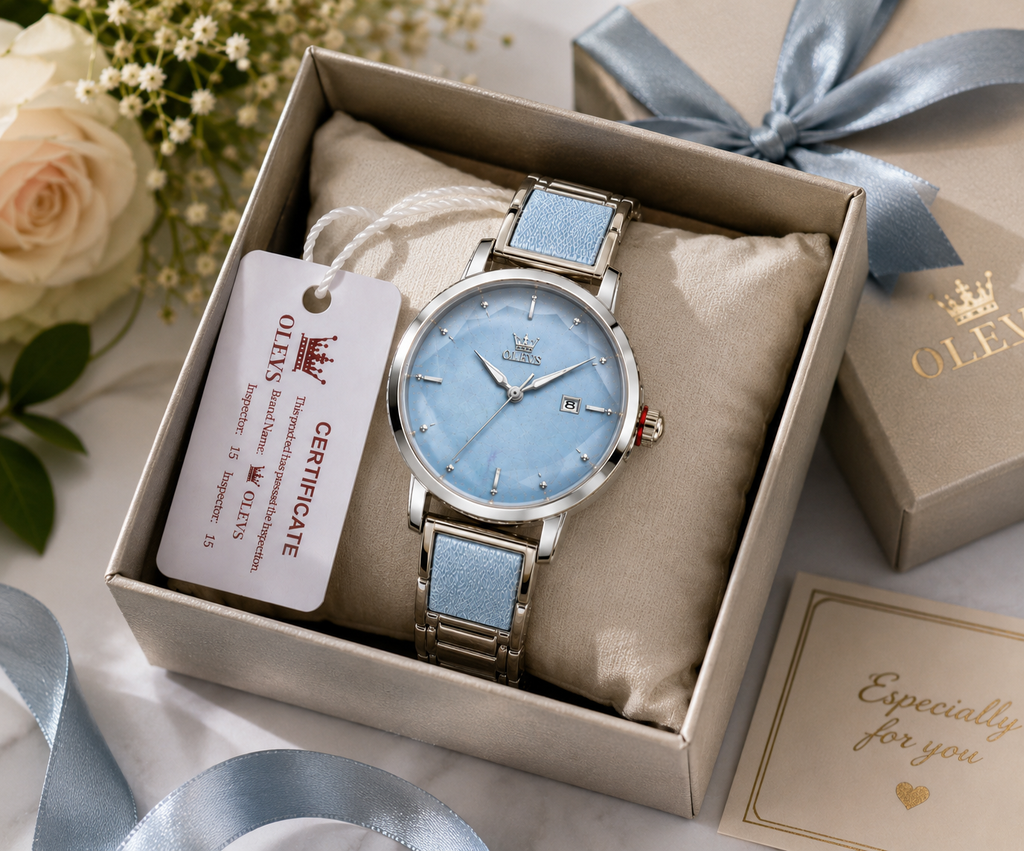 WA-17--OLEVS 5189 Ladies Gold-Tone Quartz Watch 36mm Blue Love Fashion Dial Mesh Bracelet 3ATM