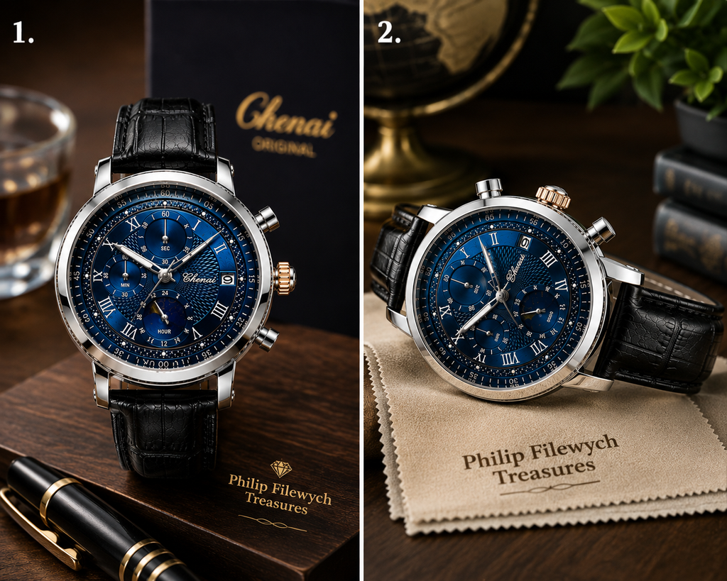 WA-17--Chenxi Men's Moon Phase Quartz Watch | Blue Dial | Brown Leather Strap