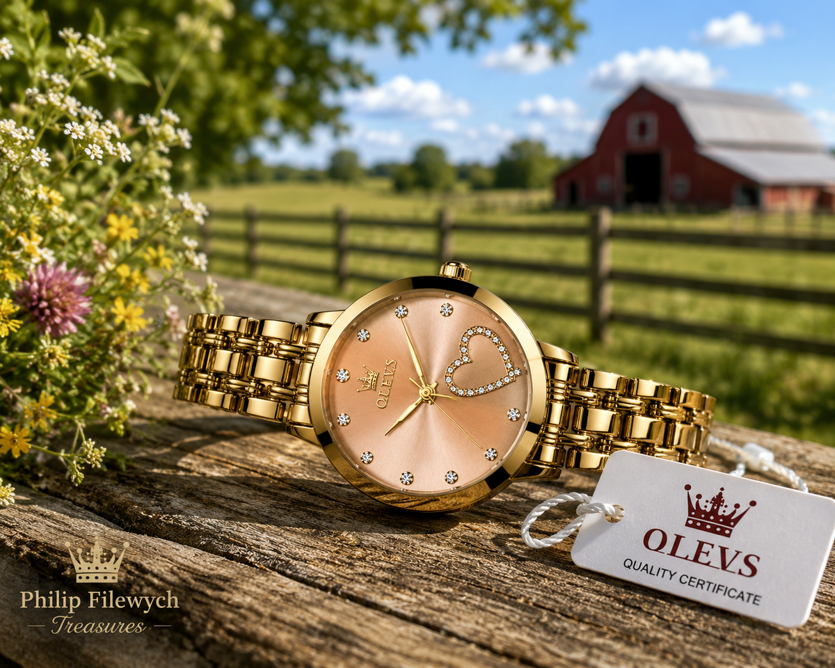 WA-17A--OLEVS 5189 Ladies Quartz Watch 36mm Yellow Gold Tone Love Fashion Luminous Dial 3 BAR Waterproof