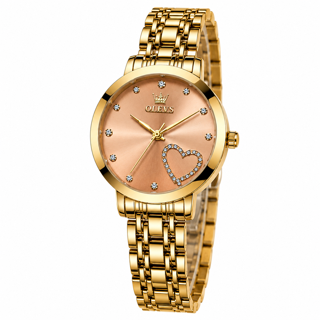 WA-17A--OLEVS 5189 Ladies Quartz Watch 36mm Yellow Gold Tone Love Fashion Luminous Dial 3 BAR Waterproof