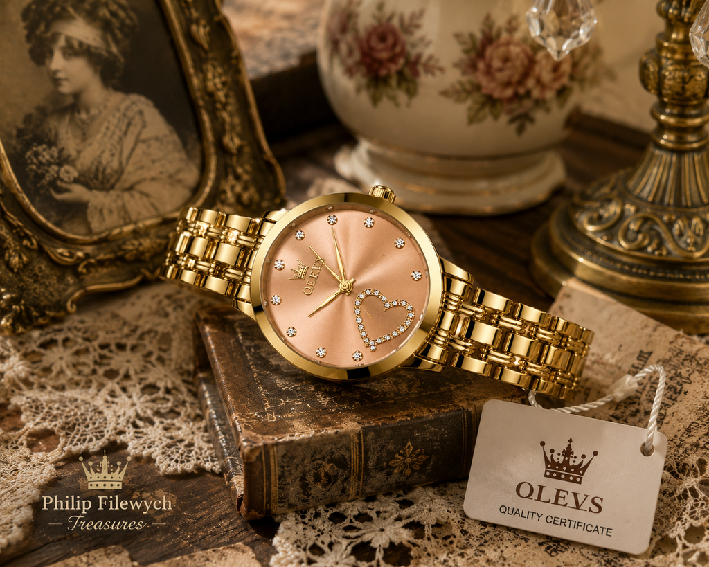 WA-17A--OLEVS 5189 Ladies Quartz Watch 36mm Yellow Gold Tone Love Fashion Luminous Dial 3 BAR Waterproof
