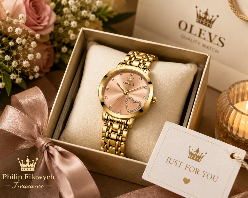 WA-17A--OLEVS 5189 Ladies Quartz Watch 36mm Yellow Gold Tone Love Fashion Luminous Dial 3 BAR Waterproof