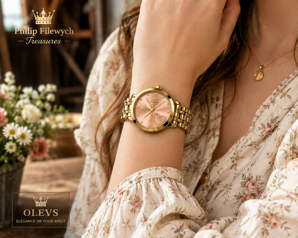 WA-17A--OLEVS 5189 Ladies Quartz Watch 36mm Yellow Gold Tone Love Fashion Luminous Dial 3 BAR Waterproof