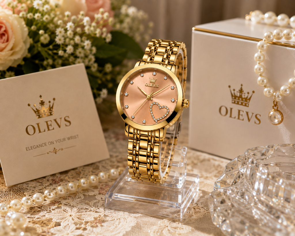 WA-19--OLEVS 3606 Ladies Luxury Quartz Watch 36mm Rose Gold White Ceramic Dial Date 3BAR Waterproof Black Beaded Bracelet Gift Set