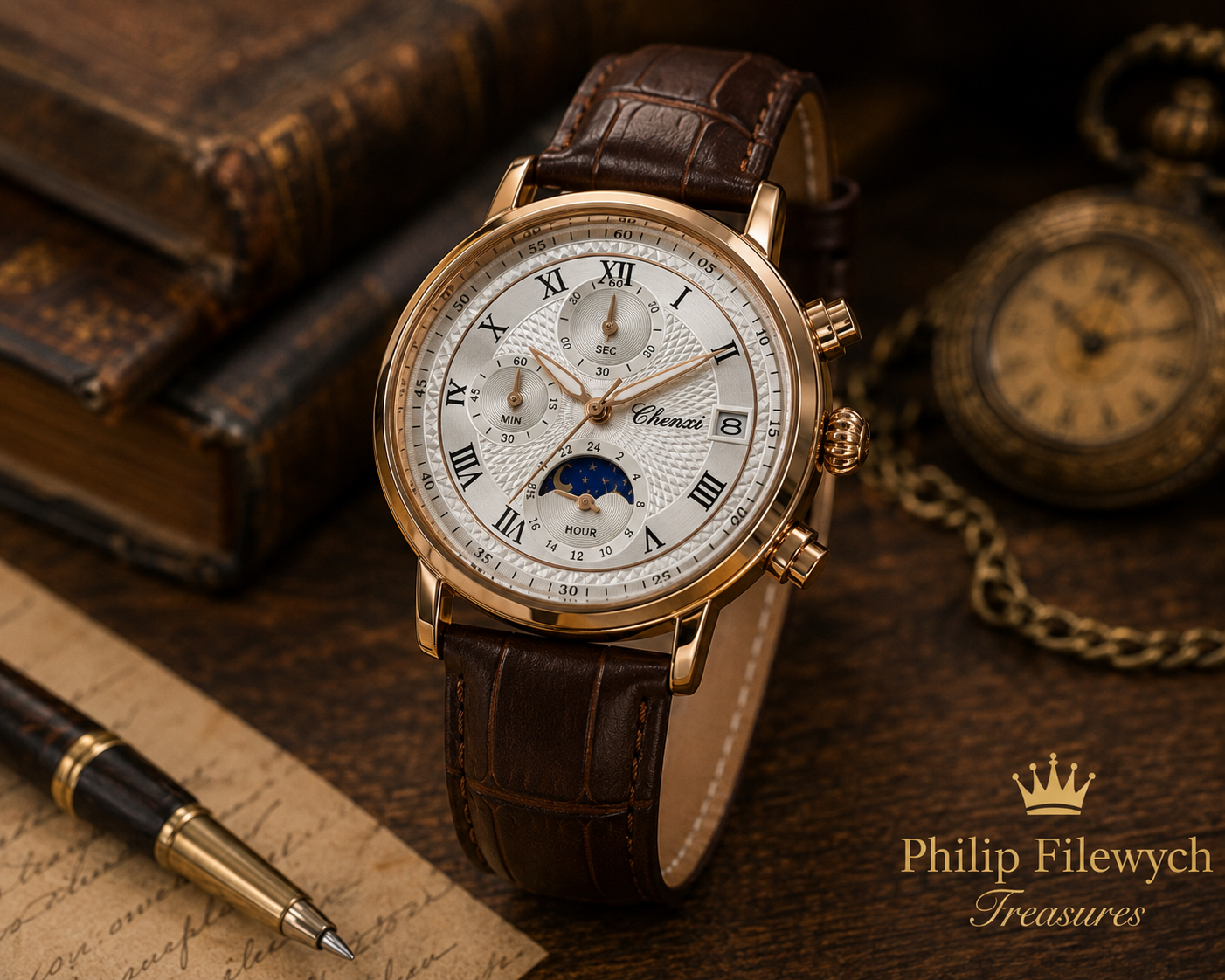 WA-18--Chenxi Men's Chronograph Moon Phase Brown Leather Quartz Watch Roman Numerals