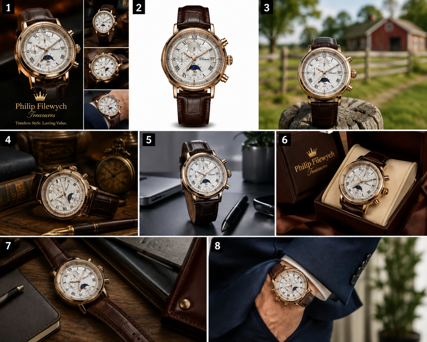 WA-18--Chenxi Men's Chronograph Moon Phase Brown Leather Quartz Watch Roman Numerals