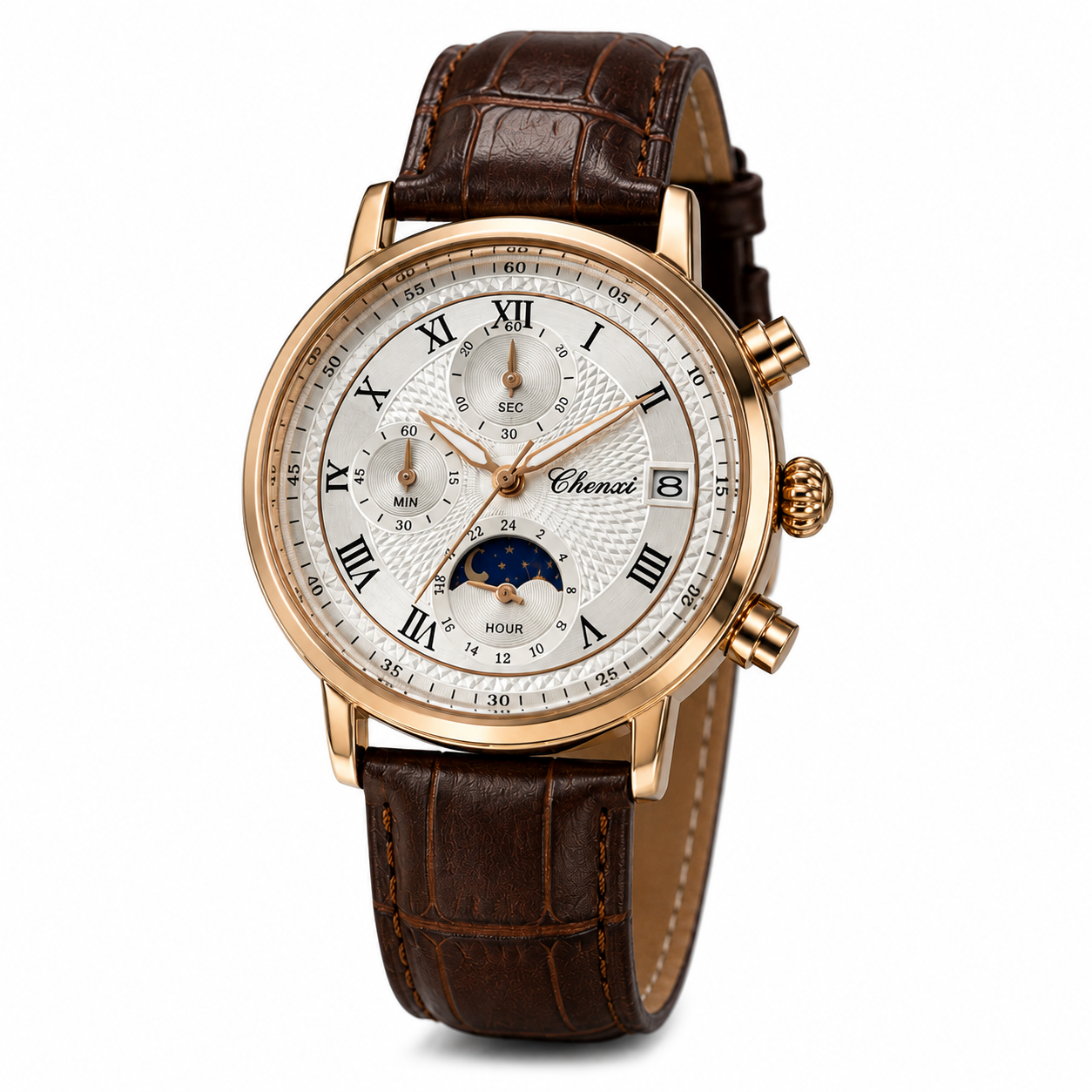 WA-18--Chenxi Men's Chronograph Moon Phase Brown Leather Quartz Watch Roman Numerals