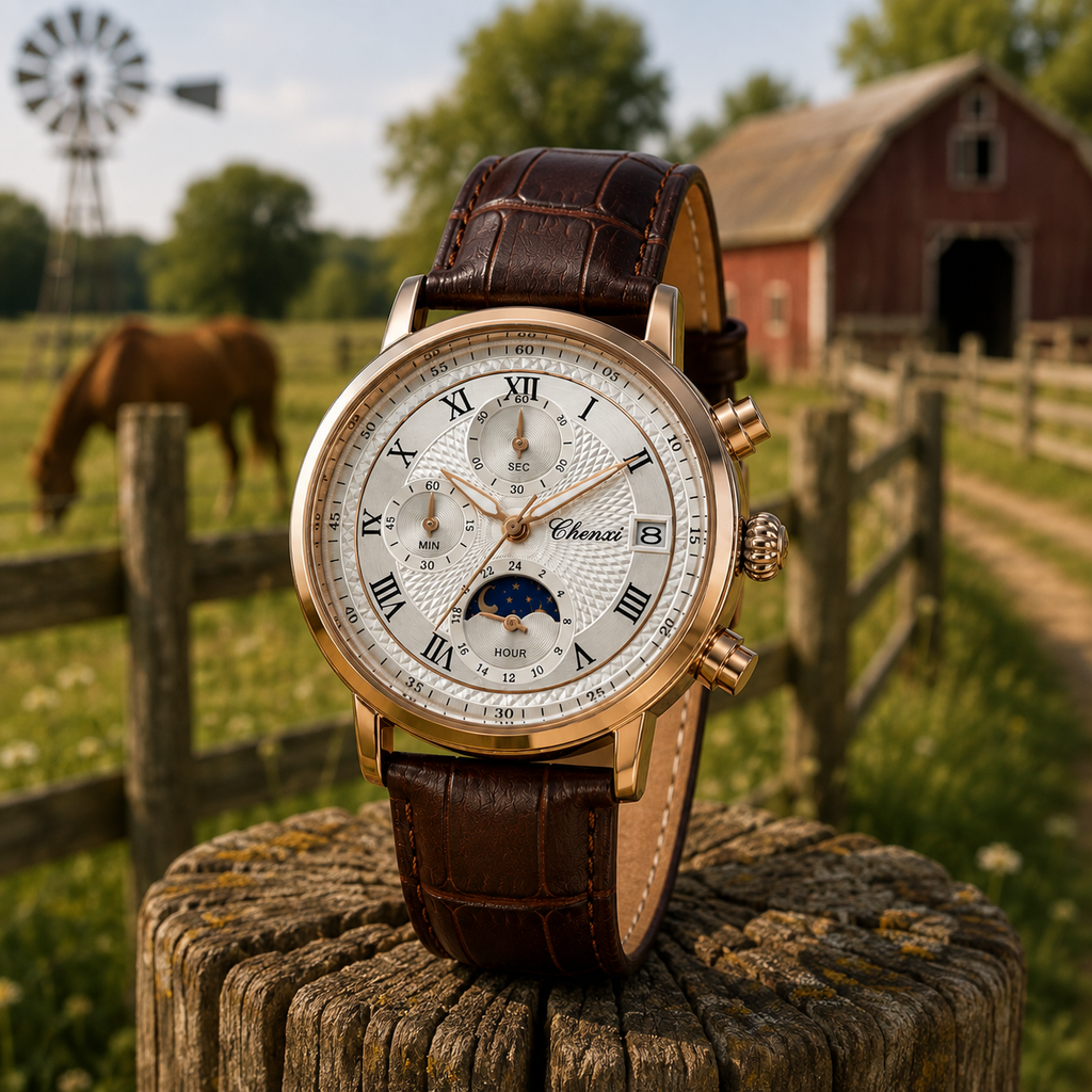 WA-18--Chenxi Men's Chronograph Moon Phase Brown Leather Quartz Watch Roman Numerals