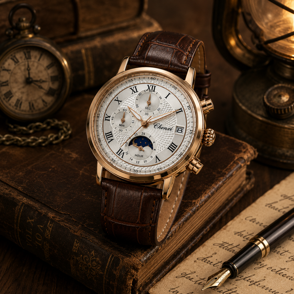 WA-18--Chenxi Men's Chronograph Moon Phase Brown Leather Quartz Watch Roman Numerals