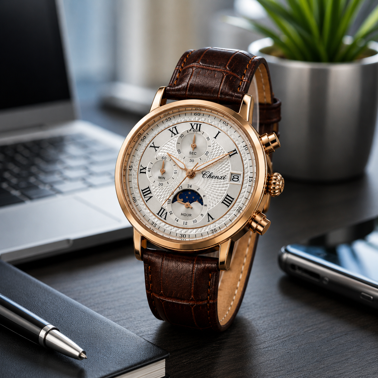 WA-18--Chenxi Men's Chronograph Moon Phase Brown Leather Quartz Watch Roman Numerals