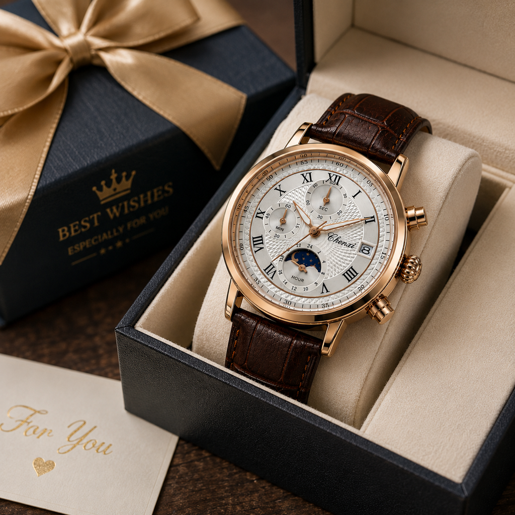 WA-18--Chenxi Men's Chronograph Moon Phase Brown Leather Quartz Watch Roman Numerals